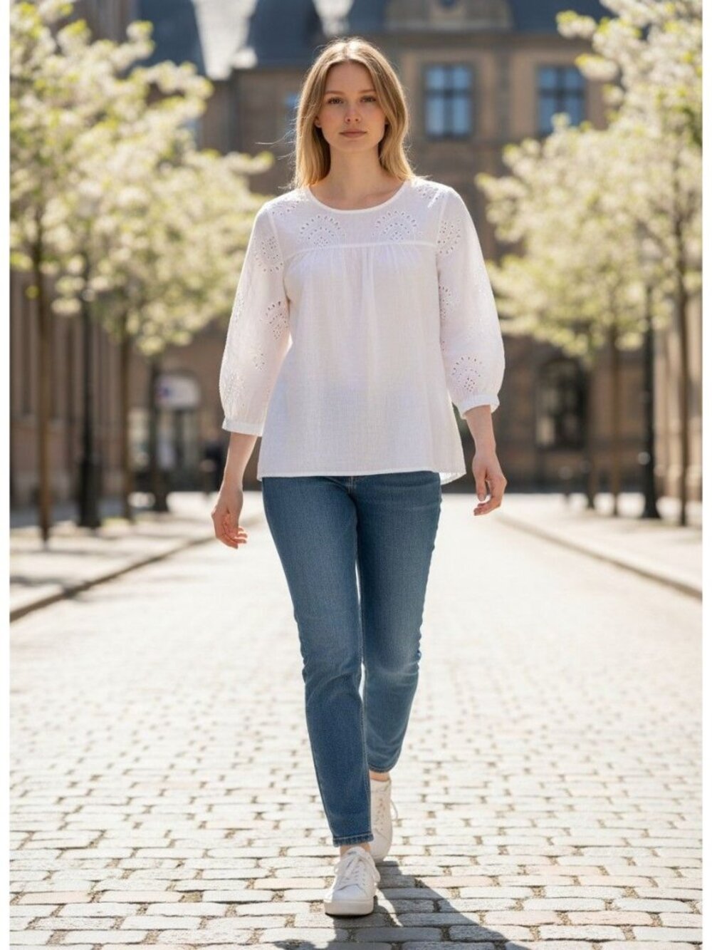 Francesca Bettini White Eyelet Embroidered Linen Cotton Blouse 3/4 Sleeves M
